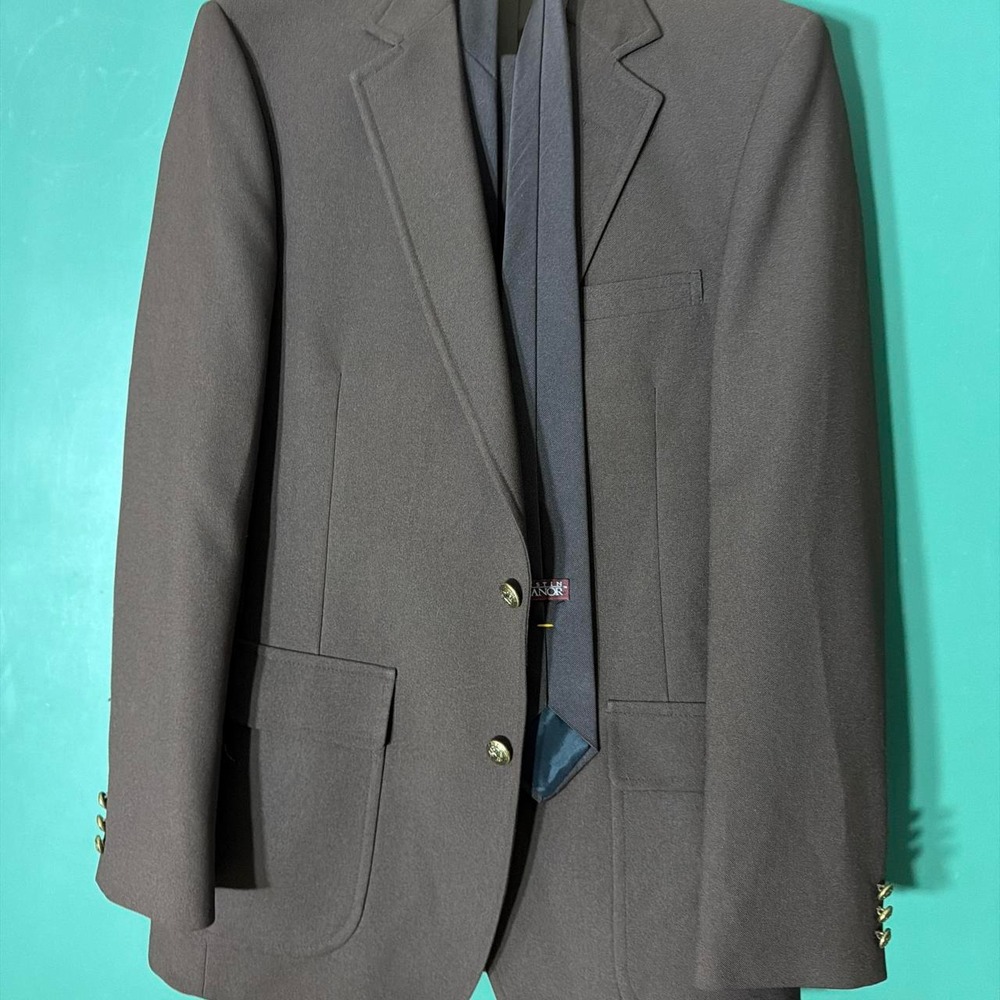 Vintage 70s Hardwick Clothes 2-Piece Suit Mens Brown Gold Crest Blazer Trousers
